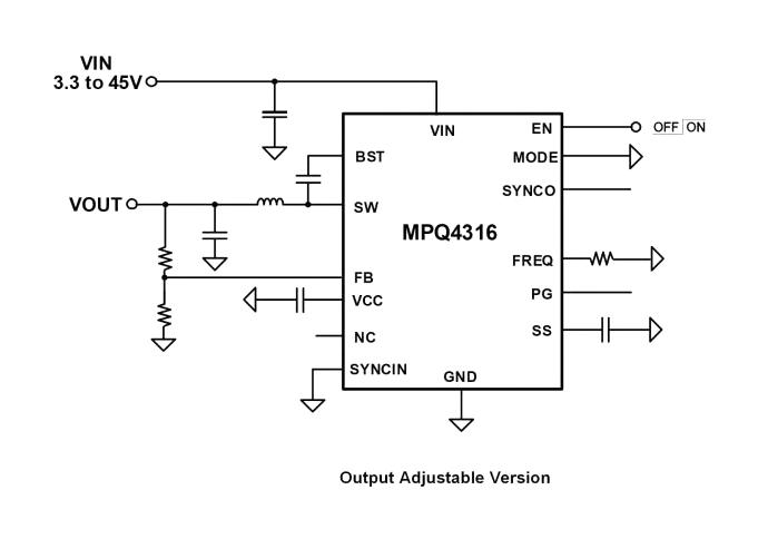 Monolithic Power Systems (MPS) MPQ4316GRE-AEC1-P DC-DC Switching Synchronous Buck Regulator Adjustable 3.3 to 45 V in 0.815 42.75 Out QFN-20