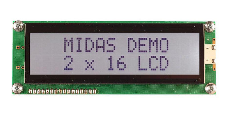 Midas MC21609AB6W-FPTLW3.3-V2 MC21609AB6W-FPTLW3.3-V2 Alphanumeric LCD 16 x 2 Black on White 3.3V Parallel English Japanese Transflective