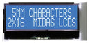 MIDAS MCCOG21605C6W-BNMLWI Alphanumeric LCD, 16 x 2, White on Blue, 3V to 5V, I2C, English, Japanese, Transmissive