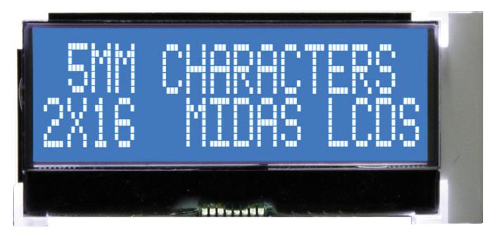 MIDAS MCCOG21605C6W-BNMLWI Alphanumeric LCD, 16 x 2, White on Blue, 3V to 5V, I2C, English, Japanese, Transmissive