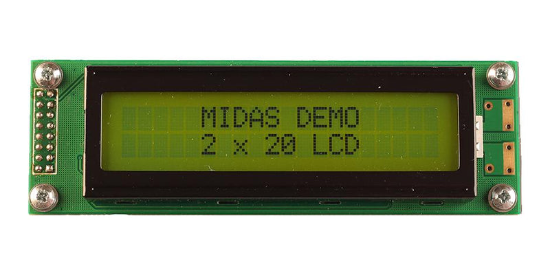 Midas MC22005A6W-SPTLY3.3-V2 MC22005A6W-SPTLY3.3-V2 Alphanumeric LCD 20 x 2 Black on Yellow / Green 3.3V Parallel English Japanese