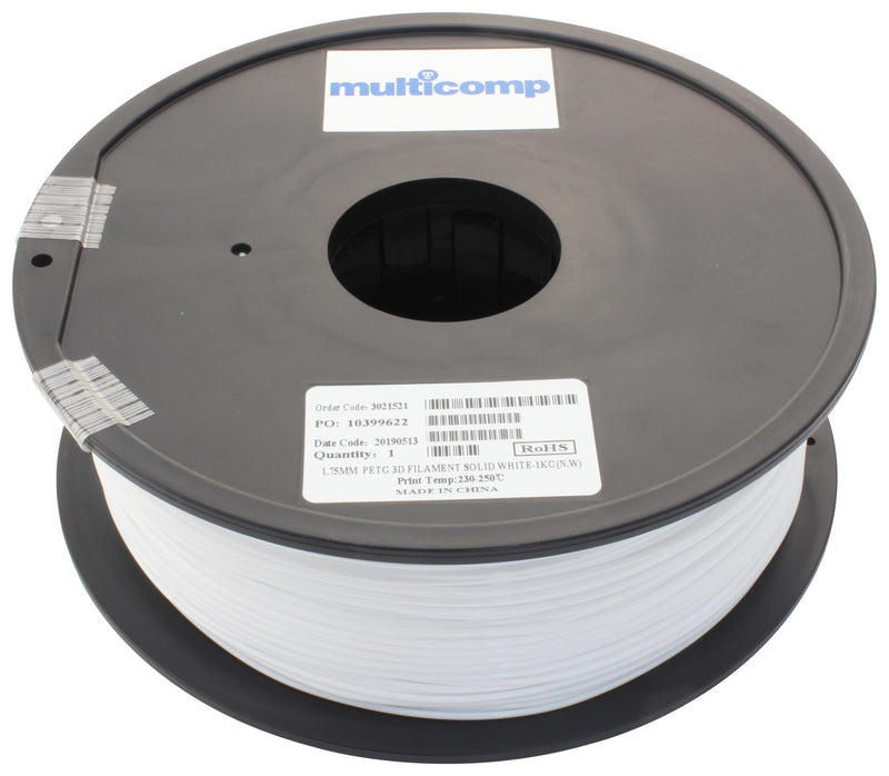 Multicomp MC011467 3D Printer Filament Petg 1.75 mm Solid White 250 &deg;C Melting Temp