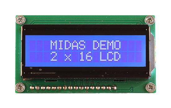 Midas MC21605H6W-BNMLW3.3-V2 MC21605H6W-BNMLW3.3-V2 Alphanumeric LCD 16 x 2 White on Blue 3.3V Parallel English Japanese Transmissive