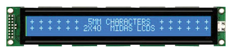 MIDAS MC24005AA6W9-BNMLW-V2 Alphanumeric LCD, 40 x 2, White on Blue, 5V, Parallel, English, Japanese, Transmissive