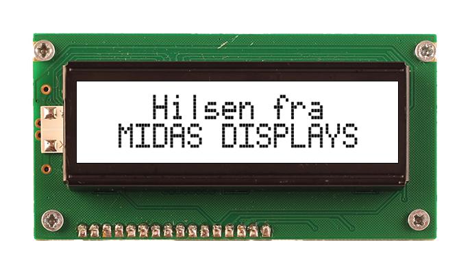 Midas MC21605A6WM-FPTLW-V2 MC21605A6WM-FPTLW-V2 Alphanumeric LCD 16 x 2 Black on White 5V Parallel English Scandinavian Transflective