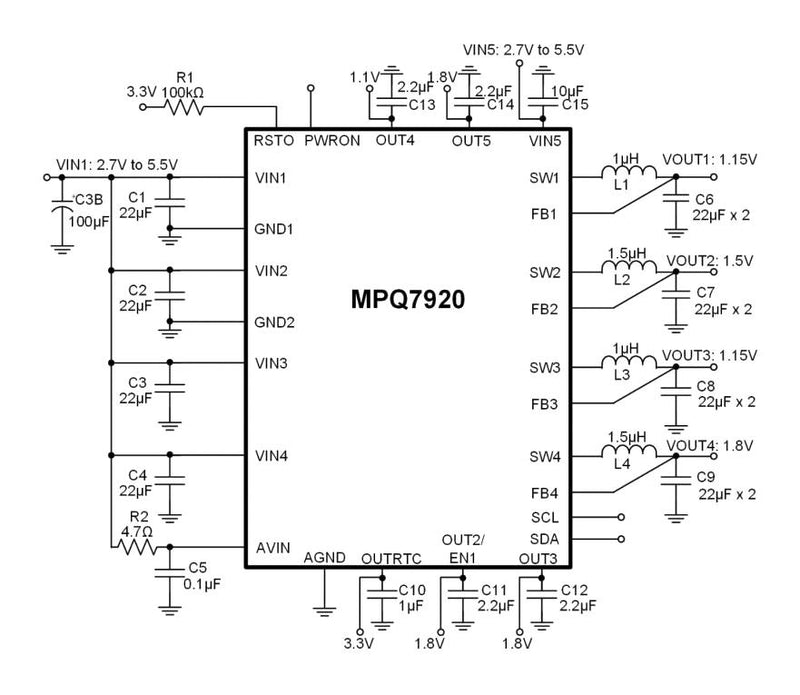 Monolithic Power Systems (MPS) MPQ7920GRM-0003-AEC1-P Management IC 4 Step-Down Converter 5 Output 5.5V Supply AEC-Q100 QFN-26