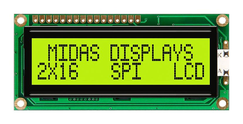 Midas MC21605C6W-SPTLYS-V2 MC21605C6W-SPTLYS-V2 Alphanumeric LCD 16 x 2 Black on Yellow / Green 5V SPI English Japanese Transflective