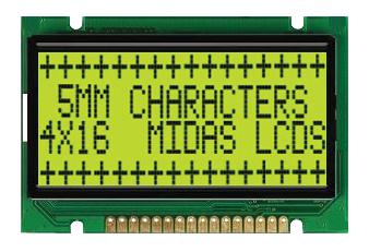 MIDAS MC41605B6W-SPR-V2 Alphanumeric LCD, 16 x 4, Black on Yellow / Green, 5V, Parallel, English, Japanese, Reflective