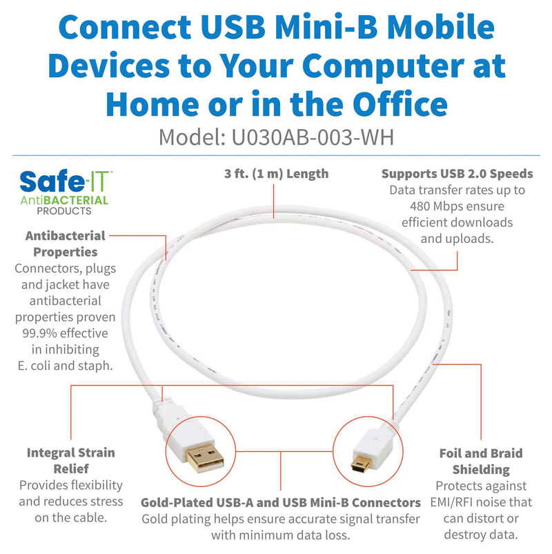 TRIPP-LITE U030AB-003-WH U030AB-003-WH USB Cable 2.0 Type A-MINI B Plug 3FT